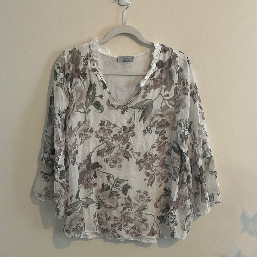 Angela Moda Silk Floral Blouse Feminine Flouncy Bohemian Boho M‎ Italy
